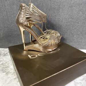 BEBE Celia Lace Wedge Platform Sandal Heels - Size 9 Medium - Gold